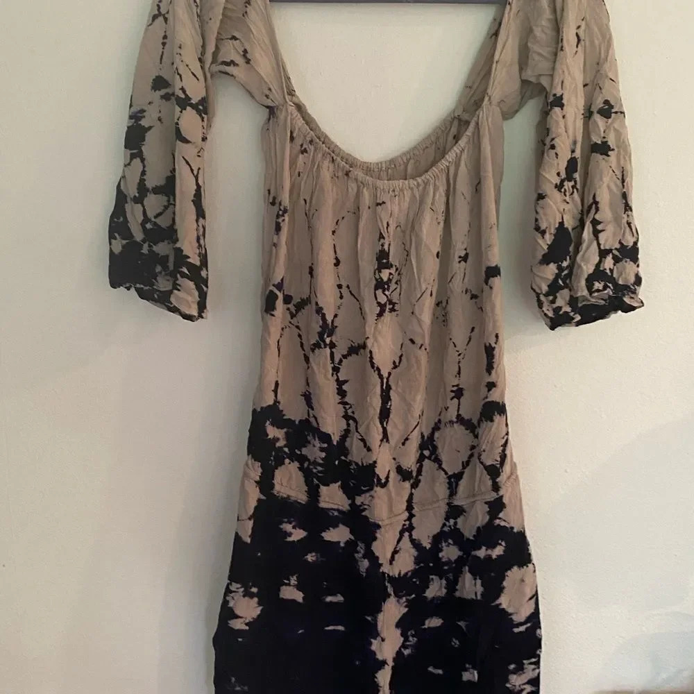 Planet Blue Life sz S shibori tie dye 100% rayon shorts festival romper navy tan